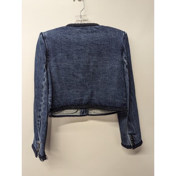 Self-Portrait Women's Braid-Trim Denim Jacket Cropped Boxy Blue Size US 4 - Picture 4 of 9
